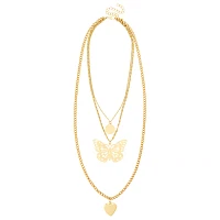 Gold 3-Row Butterfly Heart Necklace