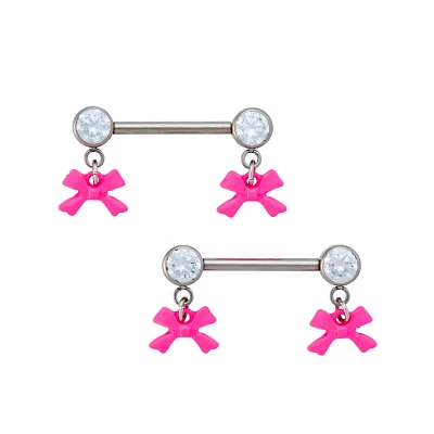 Round CZ Pink Bow Titanium Dangle Nipple Barbells - 14 Gauge