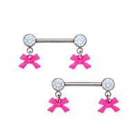 Round CZ Pink Bow Titanium Dangle Nipple Barbells - 14 Gauge