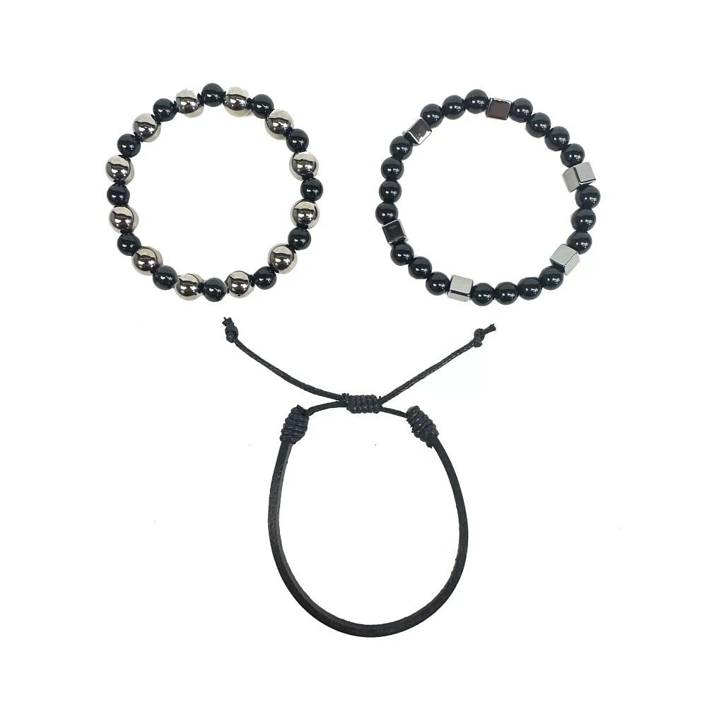 Multi-Pack Black and Hematite Beaded Bracelets - 3 Pack