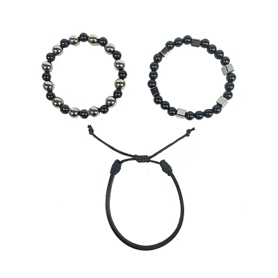 Multi-Pack Black and Hematite Beaded Bracelets - 3 Pack