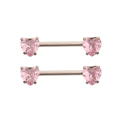 Pink CZ Heart ASTM F-136 Titanium Nipple Barbells - 14 Gauge