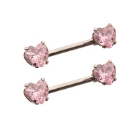 Pink CZ Heart ASTM F-136 Titanium Nipple Barbells - 14 Gauge