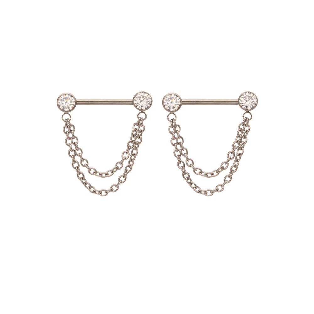 Silver Chain Dangle ASTM F-136 Titanium Nipple Barbells - 14 Gauge