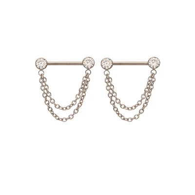 Silver Chain Dangle ASTM F-136 Titanium Nipple Barbells - 14 Gauge