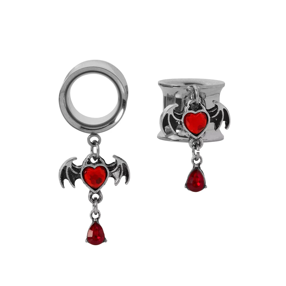 Red Heart CZ Bat Dangle Tunnels