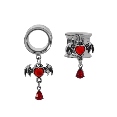 Red Heart CZ Bat Dangle Tunnels