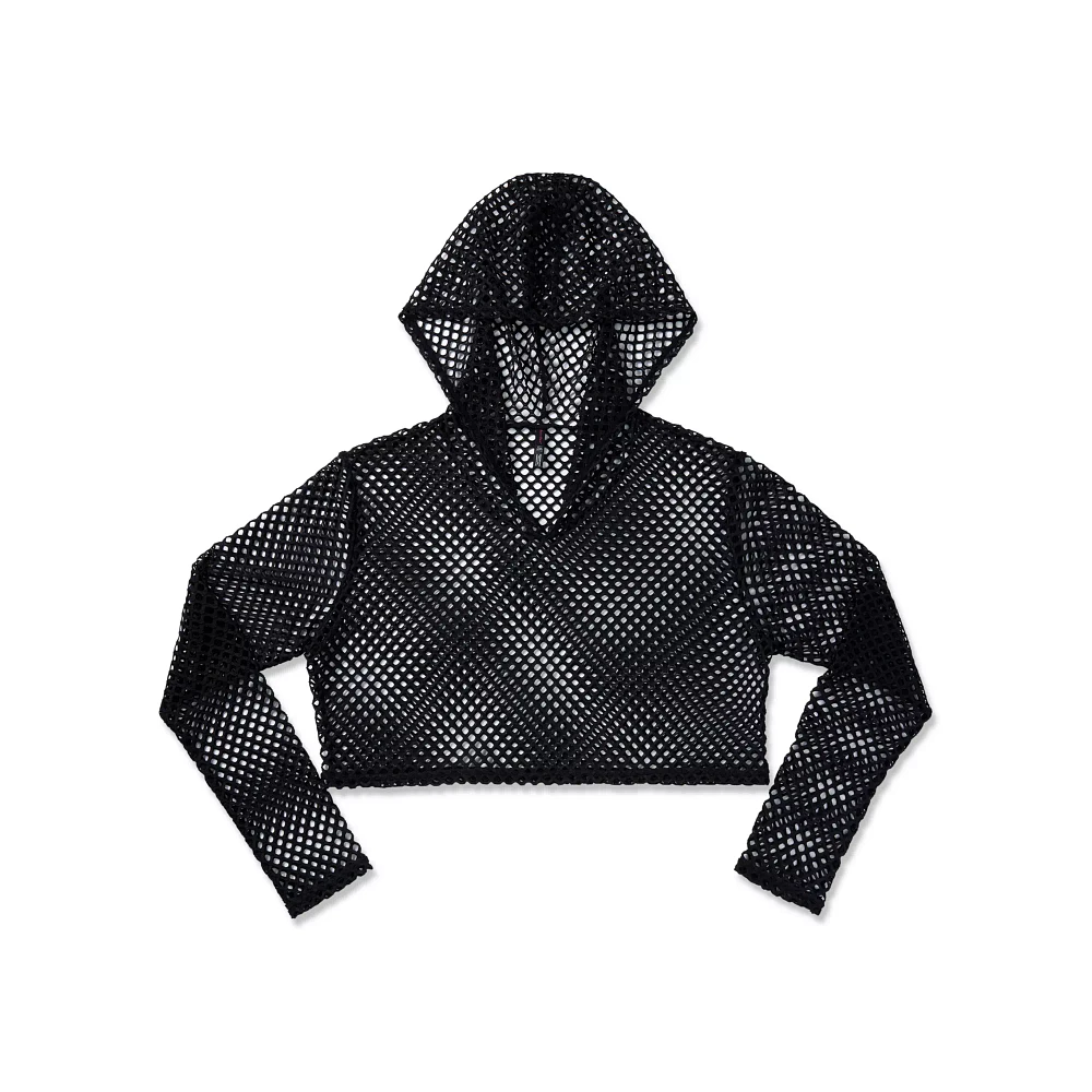 Hooded Fishnet Long Sleeve Crop Top