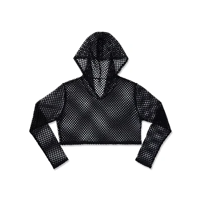 Hooded Fishnet Long Sleeve Crop Top
