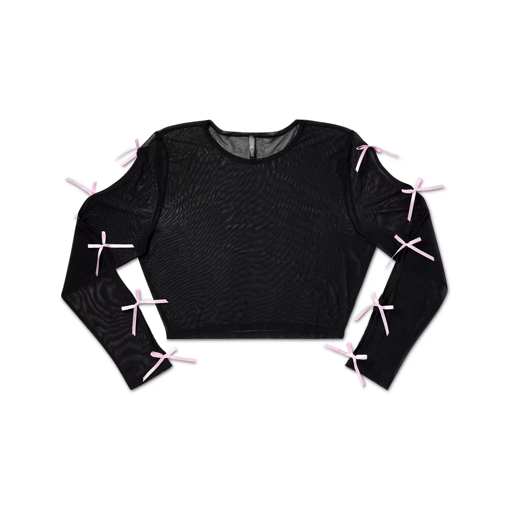 Black and Pink Bow Mesh Crop Top