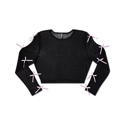 Black and Pink Bow Mesh Crop Top