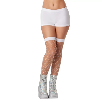White Rhinestone Fishnet Thigh Highs