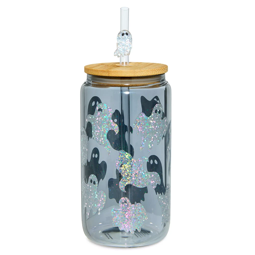 Glitter Ghost Glass Cup with Straw - 16 oz.