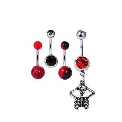 Multi-Pack Black and Red Titanium Skeleton Belly Rings 4 Pack - 14 Gauge