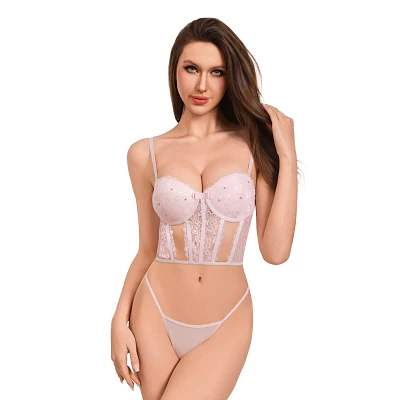 Pink Rhinestone Lace Corset