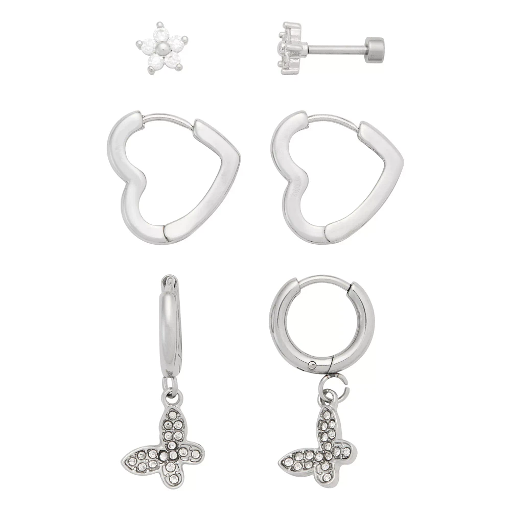 Multi-Pack CZ Stud Heart Hoop and Dangle Earrings 3 Pair - 18 Gauge