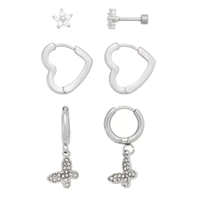 Multi-Pack CZ Stud Heart Hoop and Dangle Earrings 3 Pair - 18 Gauge