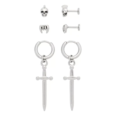 Multi-Pack Skull Stud Earrings and Dagger Dangle Earrings 3 Pair - 18 Gauge
