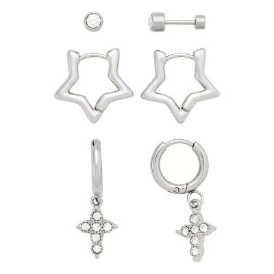 Multi-Pack Stud and Star Hoop Earrings 3 Pair - 18 Gauge