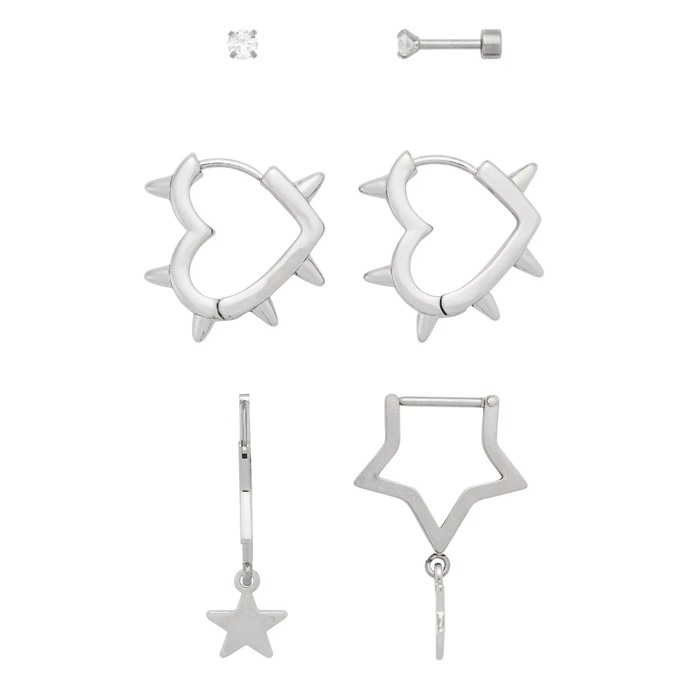 Multi-Pack CZ Stud Heart Star Hoop and Dangle Earrings 3 Pair - 18 Gauge