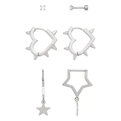 Multi-Pack CZ Stud Heart Star Hoop and Dangle Earrings 3 Pair - 18 Gauge