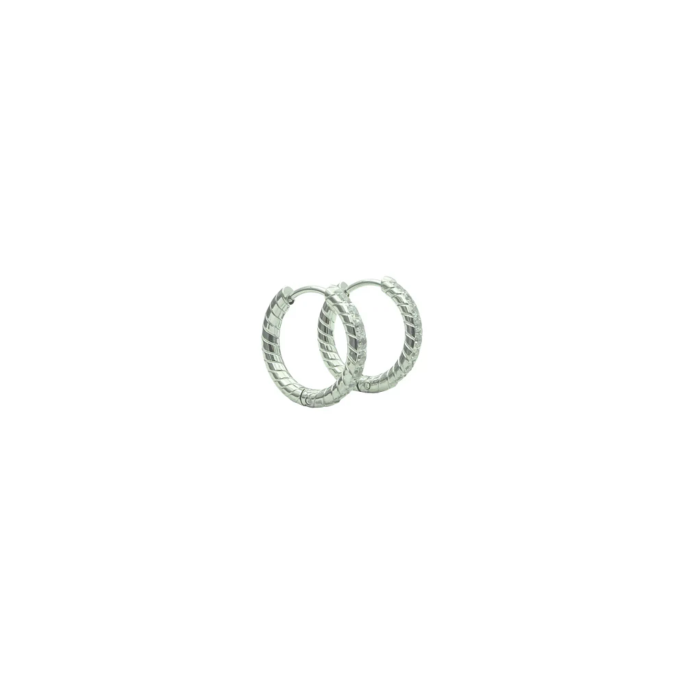 CZ Silvertone Patterned Huggie Hoop Earrings