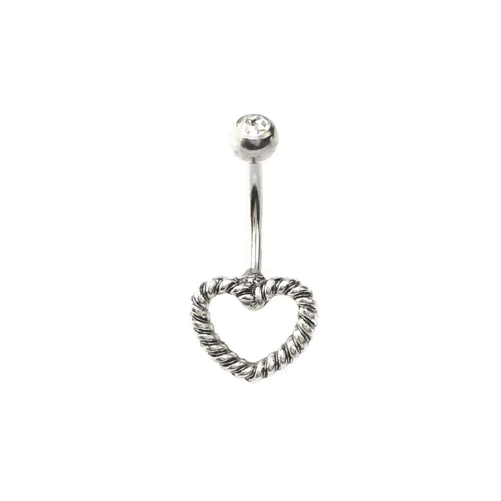 Silvertone Rope Heart Belly Ring - 14 Gauge