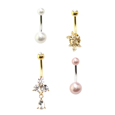 Multi-Pack CZ Goldtone Pearl-Effect Rose Belly Rings 4 Pack - 14 Gauge