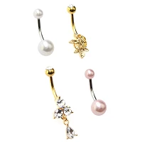 Multi-Pack CZ Goldtone Pearl-Effect Rose Belly Rings 4 Pack - 14 Gauge