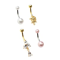 Multi-Pack CZ Goldtone Pearl-Effect Rose Belly Rings 4 Pack - 14 Gauge