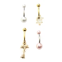 Multi-Pack CZ Goldtone Pearl-Effect Rose Belly Rings 4 Pack - 14 Gauge