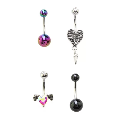 Multi-Pack Heart Skeleton Ribs Belly Rings 4 Pack - 14 Gauge