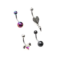 Multi-Pack Heart Skeleton Ribs Belly Rings 4 Pack - 14 Gauge