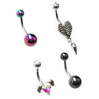 Multi-Pack Heart Skeleton Ribs Belly Rings 4 Pack - 14 Gauge