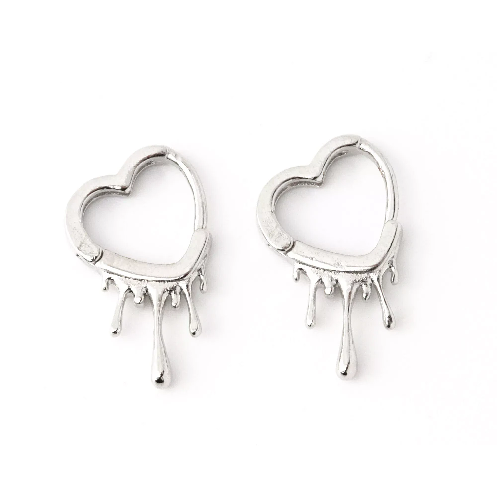 Silvertone Dripping Heart Huggie Hoop Earrings