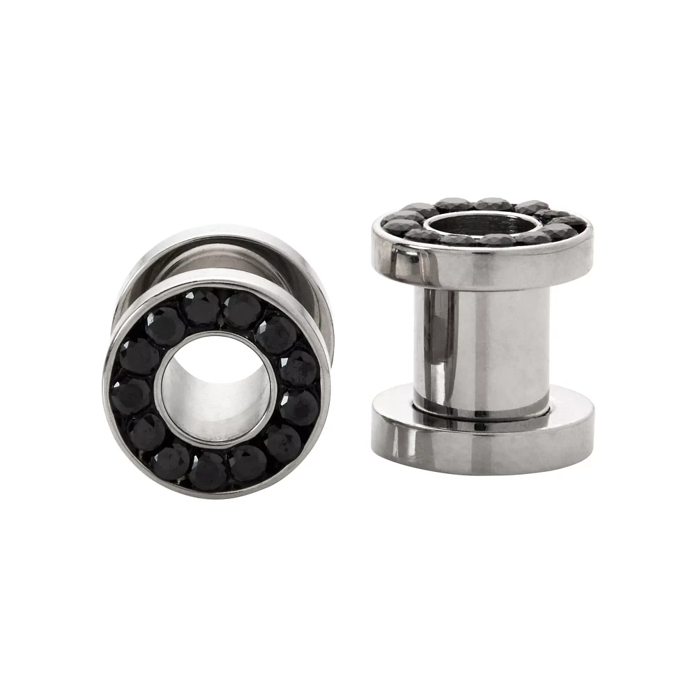 CZ Black Silvertone Screw Fit Tunnels