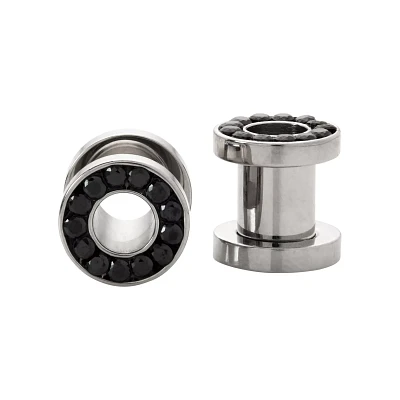 CZ Black Silvertone Screw Fit Tunnels