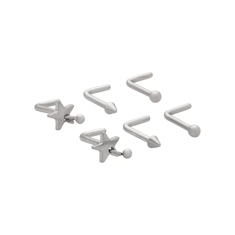 Multi-Pack Star Silvertone L-Bend Nose Rings 6 Pack - 18 Gauge