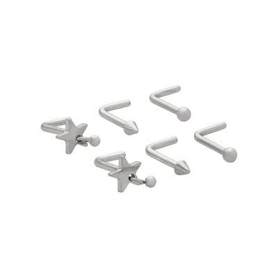 Multi-Pack Star Silvertone L-Bend Nose Rings 6 Pack - 18 Gauge