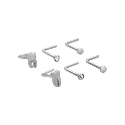 Multi-Pack CZ Tooth Silvertone L-Bend Nose Rings 6 Pack - 20 Gauge