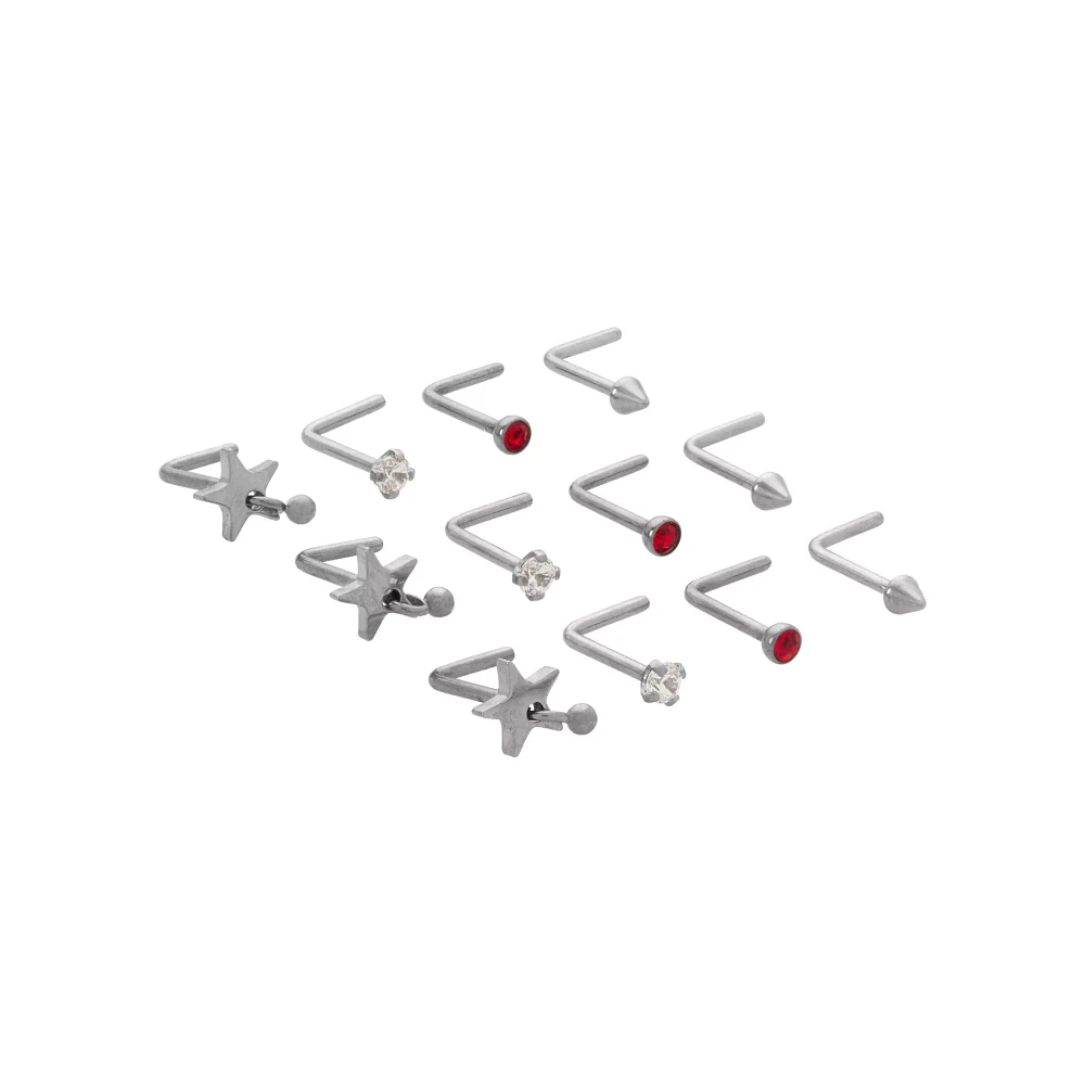 Multi-Pack Titanium CZ Star L-Bend Nose Pins 12 Pack - 20 Gauge