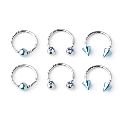 Multi-Pack Blue and Silvertone Horseshoe and Captive Rings 3 Pair - 16 Gauge