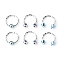 Multi-Pack Blue and Silvertone Horseshoe and Captive Rings 3 Pair - 16 Gauge