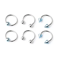 Multi-Pack Blue and Silvertone Horseshoe and Captive Rings 3 Pair - 16 Gauge