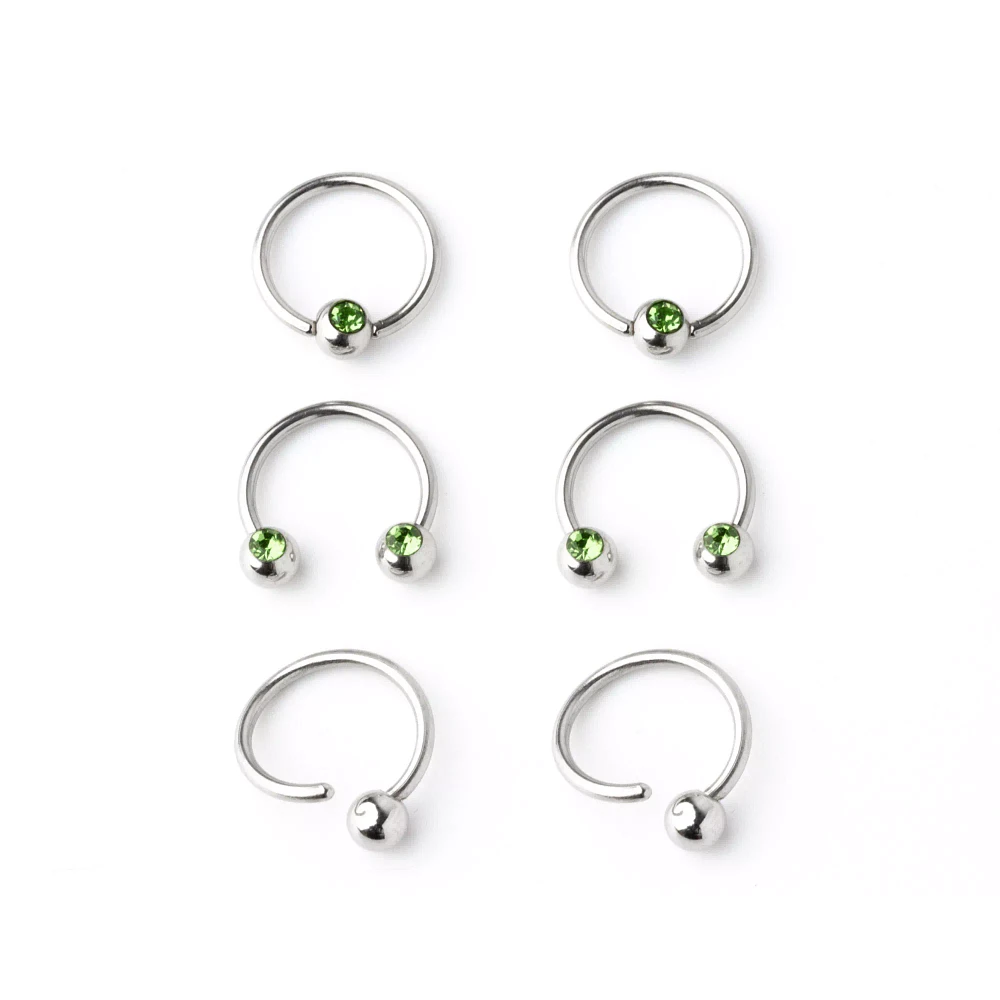 Multi-Pack Green CZ Horseshoe and Captive Rings 3 Pair - 16 Gauge