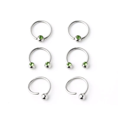 Multi-Pack Green CZ Horseshoe and Captive Rings 3 Pair - 16 Gauge