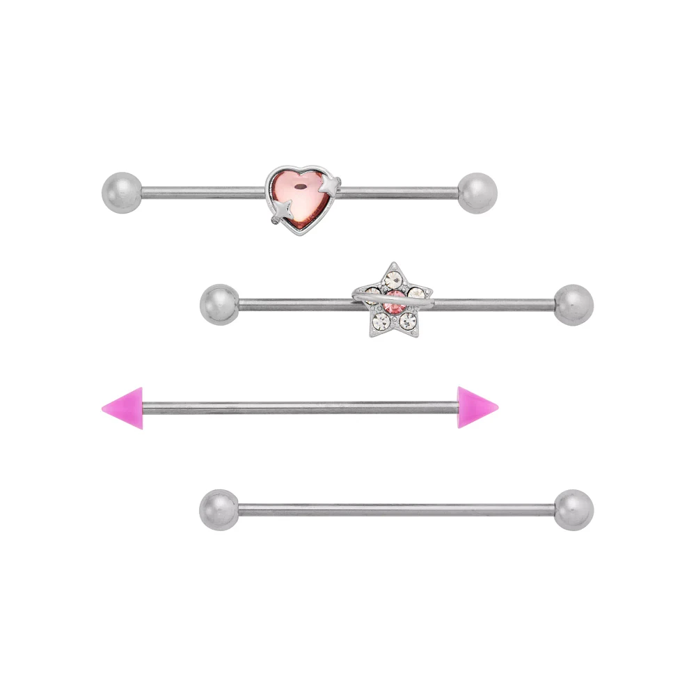 Multi-Pack Titanium Heart and Star Industrial Barbells 4 Pack - 14 Gauge