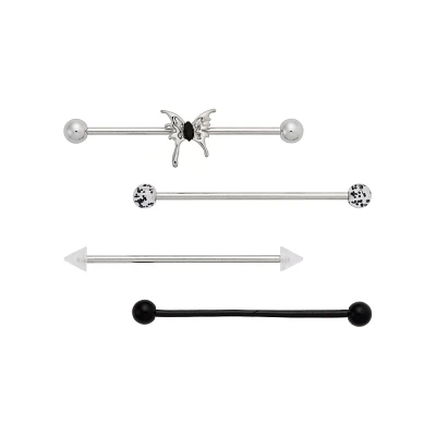 Multi-Pack Silvertone and Black Drippy Butterfly Industrial Barbells 4 Pack - 14 Gauge