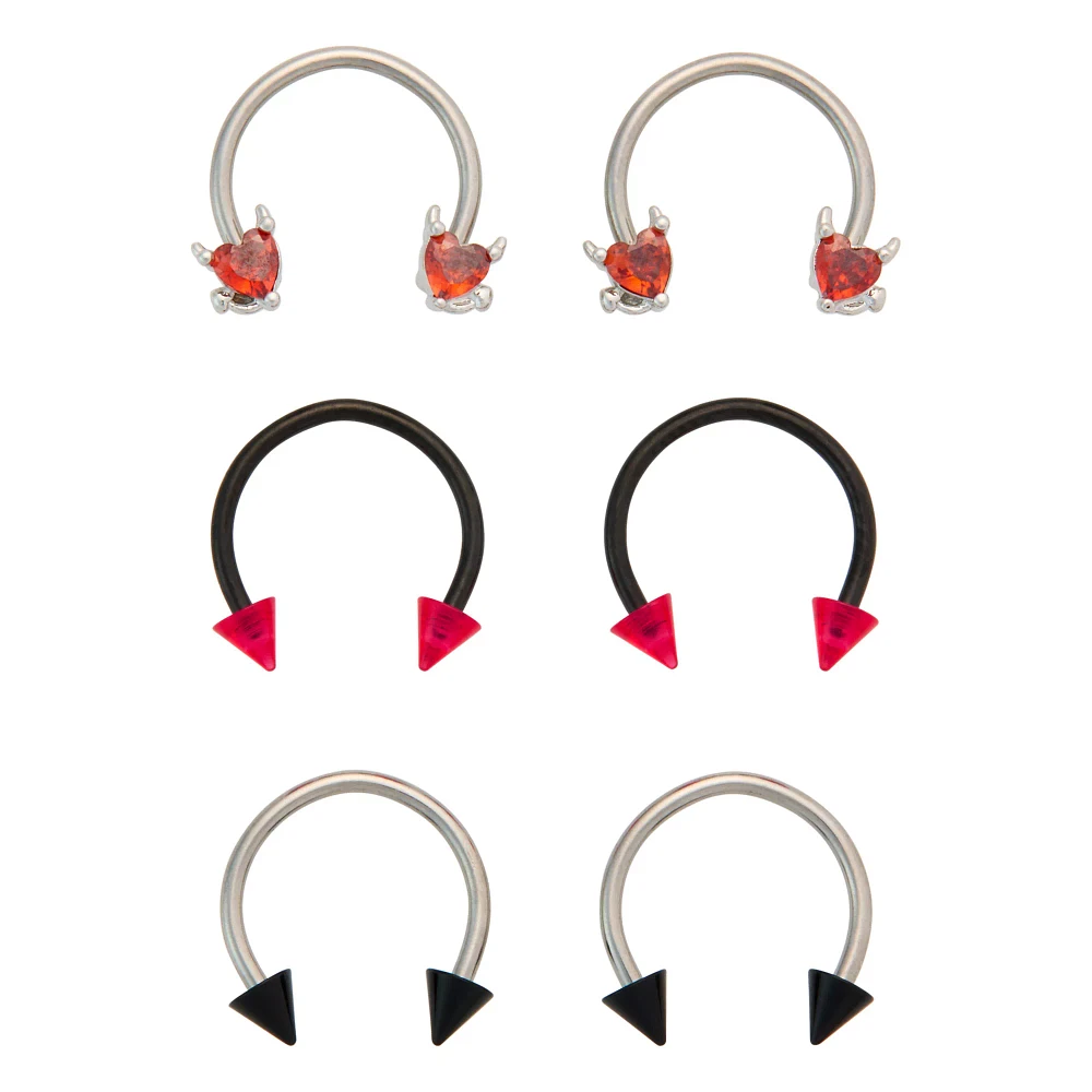 Multi-Pack CZ Red Devil Horseshoe Rings 16 Gauge - 3 Pair