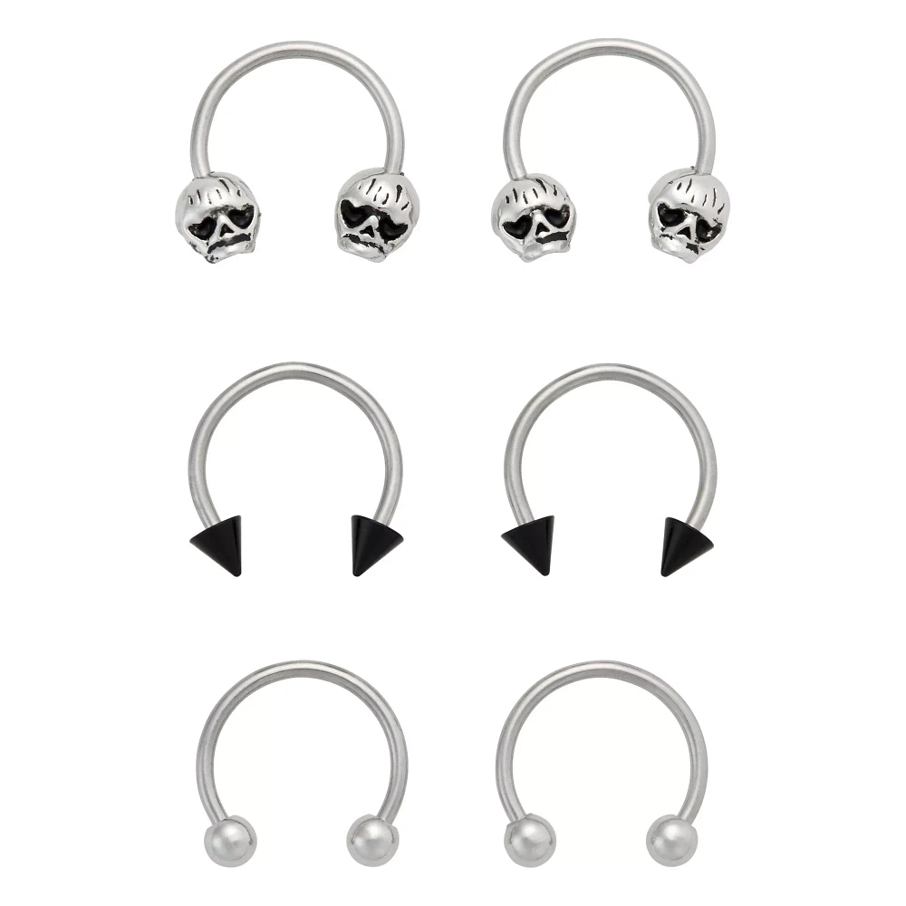 Multi-Pack Silvertone and Black Skull Horseshoe Rings 18 Gauge - 3 Pair